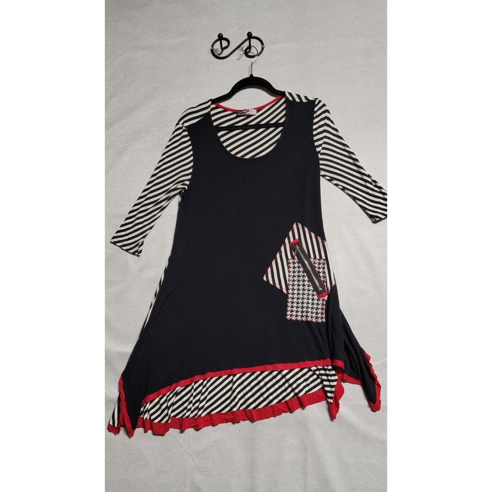 Black White Striped With Red Piping Inside Out LS  Tunic With Zipper Trim Size L